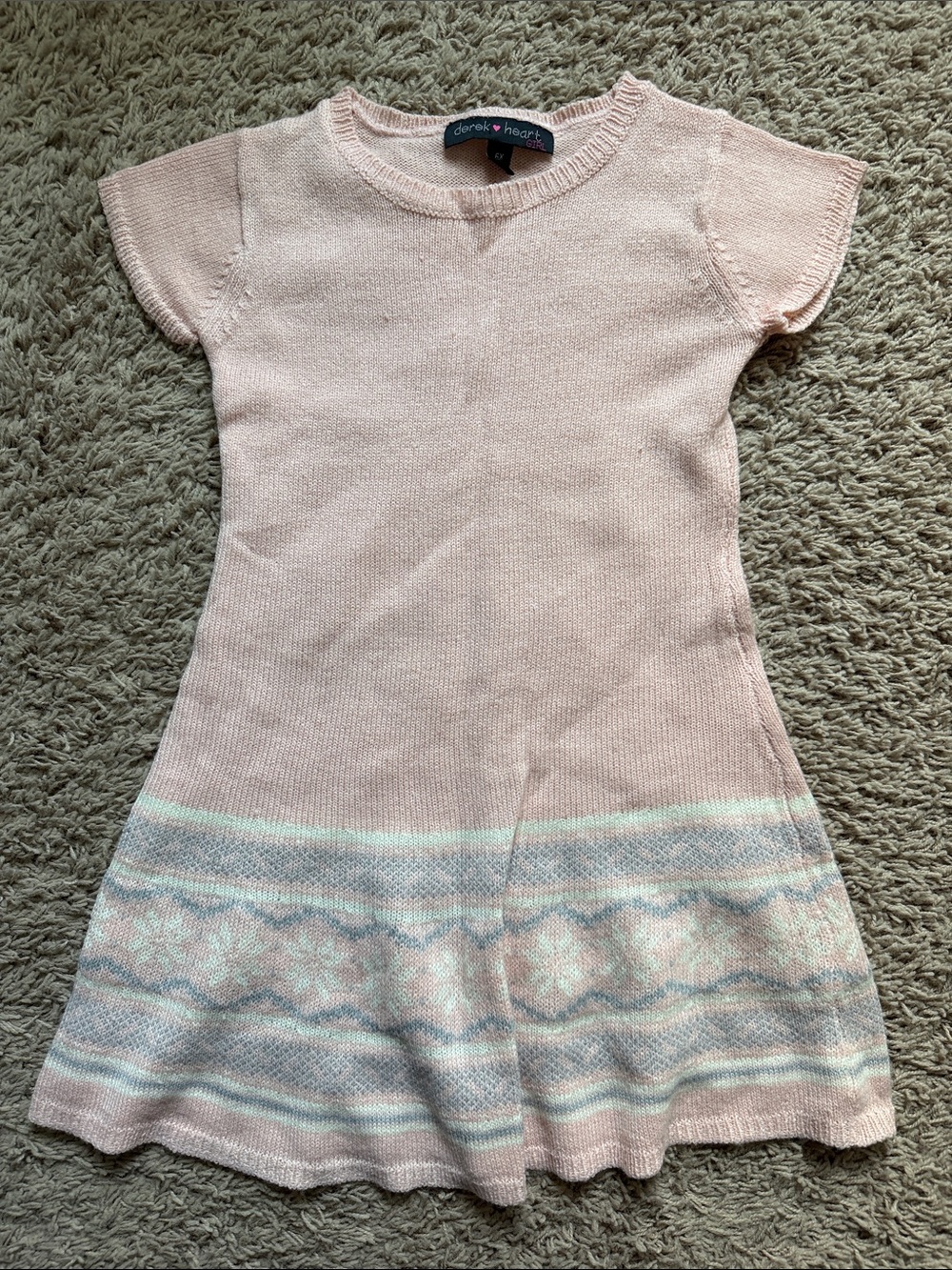 Derek Heart Light Pink Knit Dress with Pastel Patterned Hem